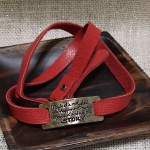 Red Leather Wrap Bracelet with Engraved Inspirational Quote Plate Antique Bronze